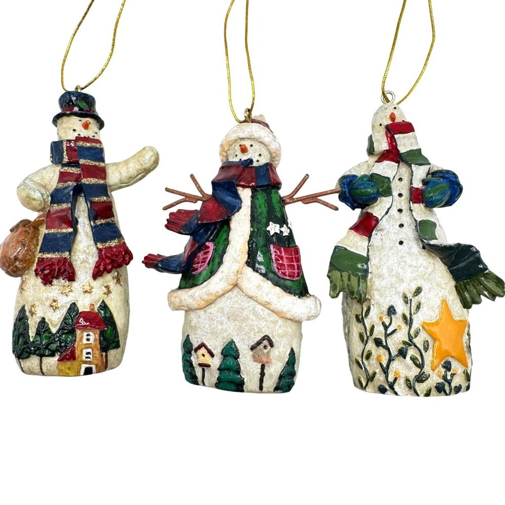 Set Of 3 Hand-Painted Snowman Christmas Ornaments Glitter Accents Hanging String